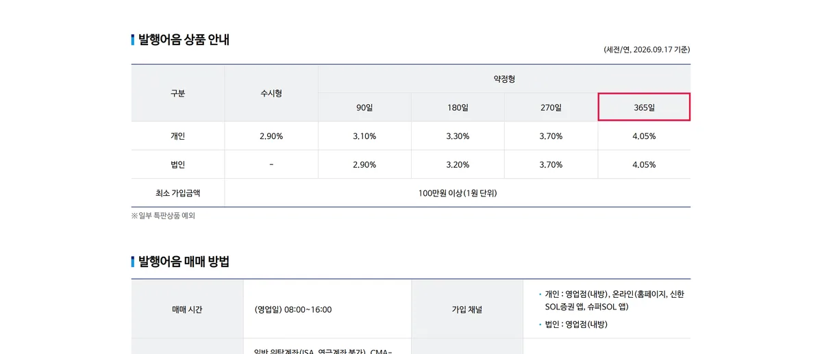 신한투자증권 발행어음 상품 안내 수시형 약정형 금리 공식 페이지