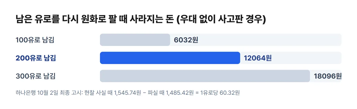 남은 유로 되팔 때 손실 100유로 6032원 200유로 12064원 300유로 18096원 차트
