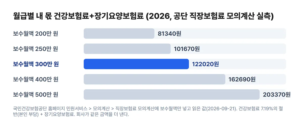 월급별 직장가입자 본인부담 건강보험료 장기요양보험료 차트 200만 원 81,340원 500만 원 203,370원