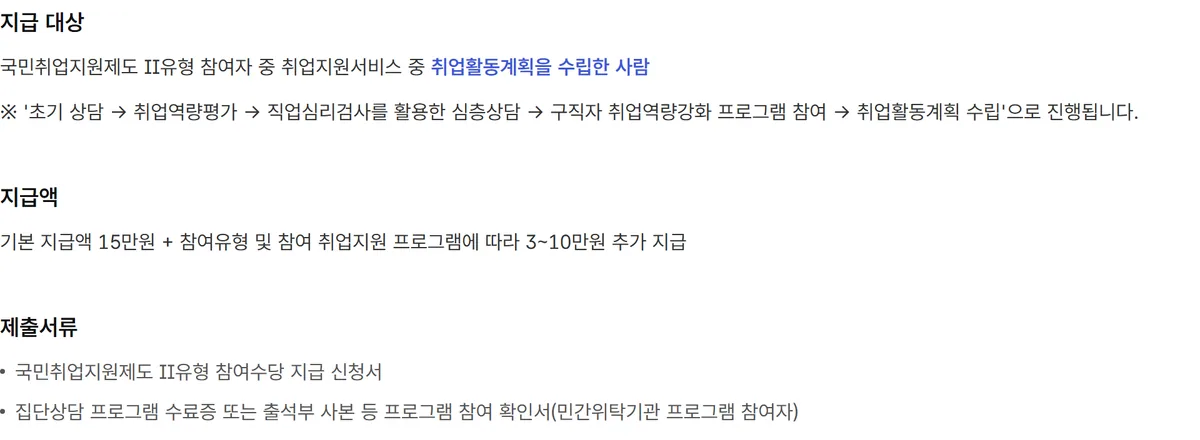 고용24 국민취업지원제도 II유형 참여수당 지급 대상 지급액 기본 15만 원 3~10만 원 추가
