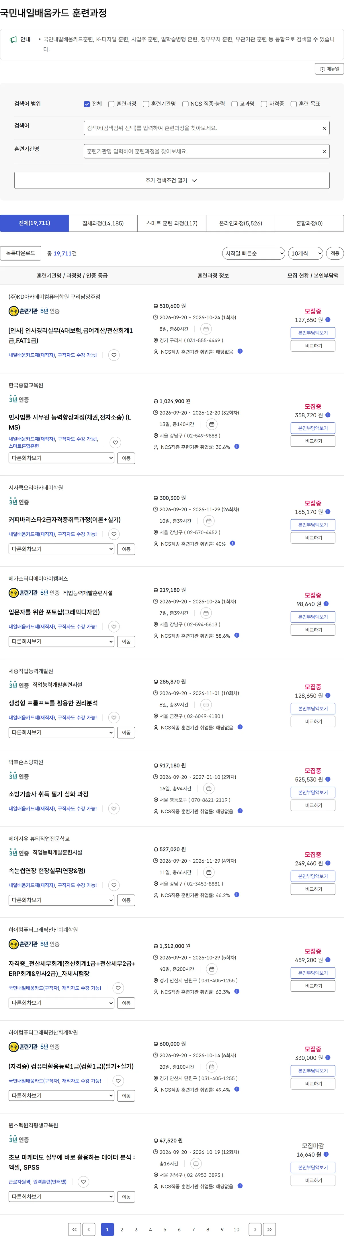 고용24 훈련 통합검색 화면 검색어 범위 훈련유형 지역 조건 전체 19,711건 캡처