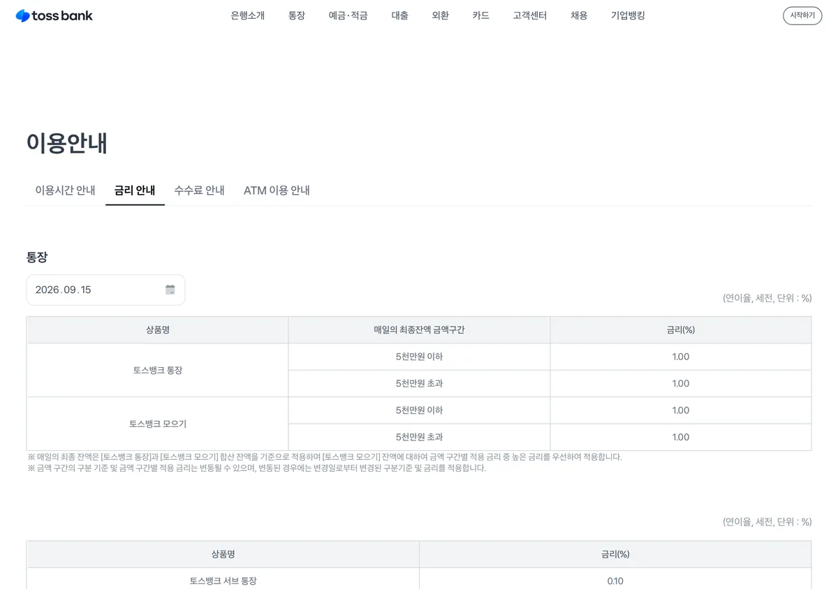 토스뱅크 금리 안내 페이지 통장 5천만원 이하 초과 연 1.00% 2026년 9월 15일 화면