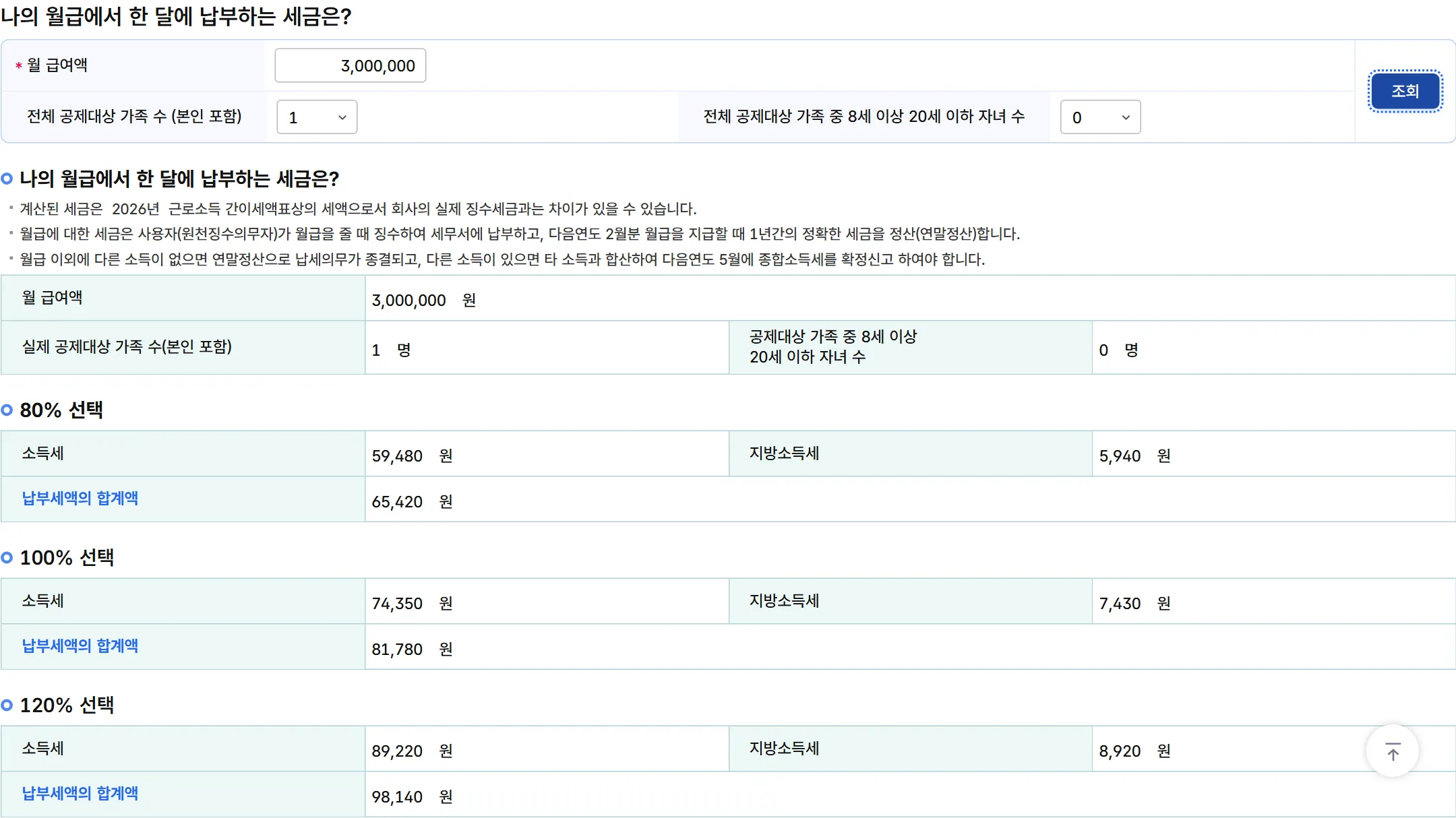 홈택스 근로소득 간이세액표 월급 300만 원 소득세 조회 화면