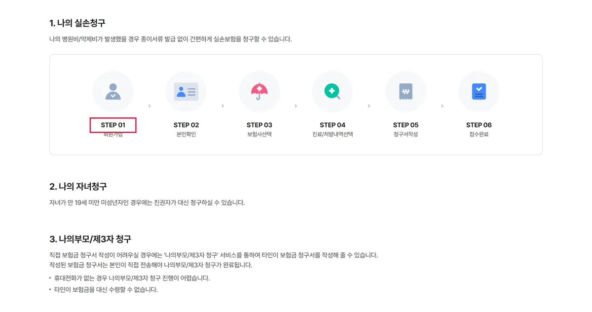 실손24 시스템소개 나의 실손청구 STEP 01 회원가입부터 STEP 06 접수완료까지 6단계 화면