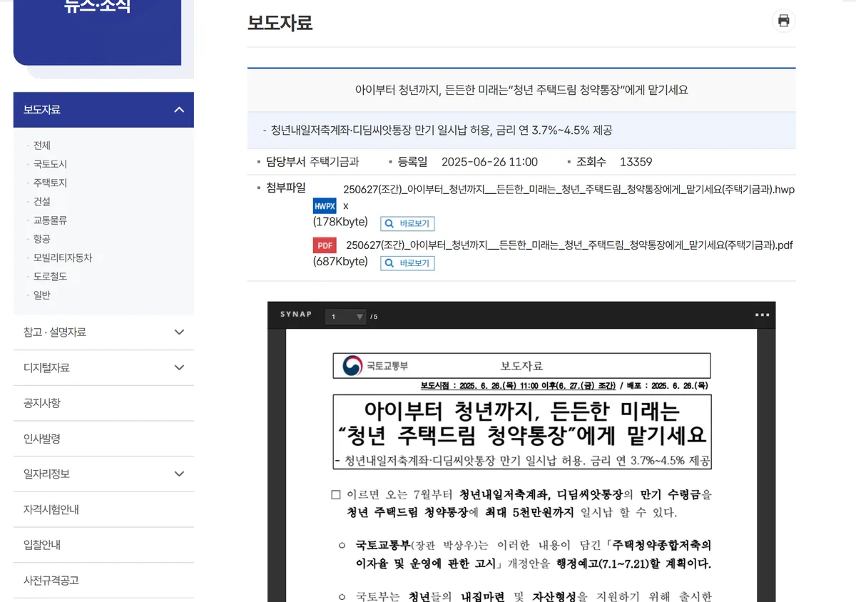 국토교통부 보도자료 청년 주택드림 청약통장 금리 연 3.7%~4.5% 제공 화면