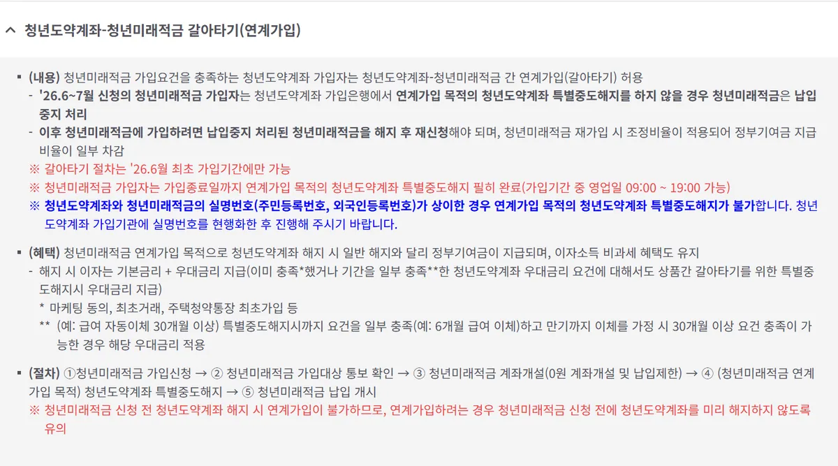 서민금융진흥원 청년도약계좌 청년미래적금 갈아타기 연계가입 안내 특별중도해지 정부기여금 비과세 우대금리