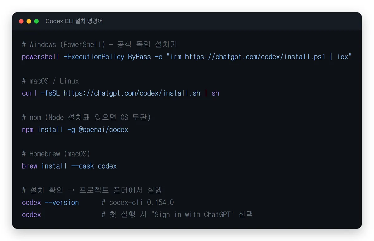 Codex CLI 설치 명령어 4가지 Windows PowerShell 독립 설치기 macOS curl npm install brew install cask codex