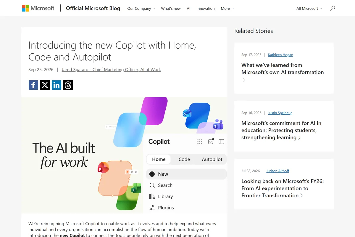 Microsoft 공식 블로그 새 코파일럿 Home Code Autopilot 발표문