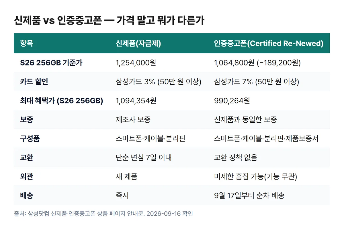 갤럭시 S26 신제품 vs 인증중고폰 비교표 보증 동일 교환 불가 구성품 제품보증서 추가 삼성카드 3% vs 7% 9월 17일 배송