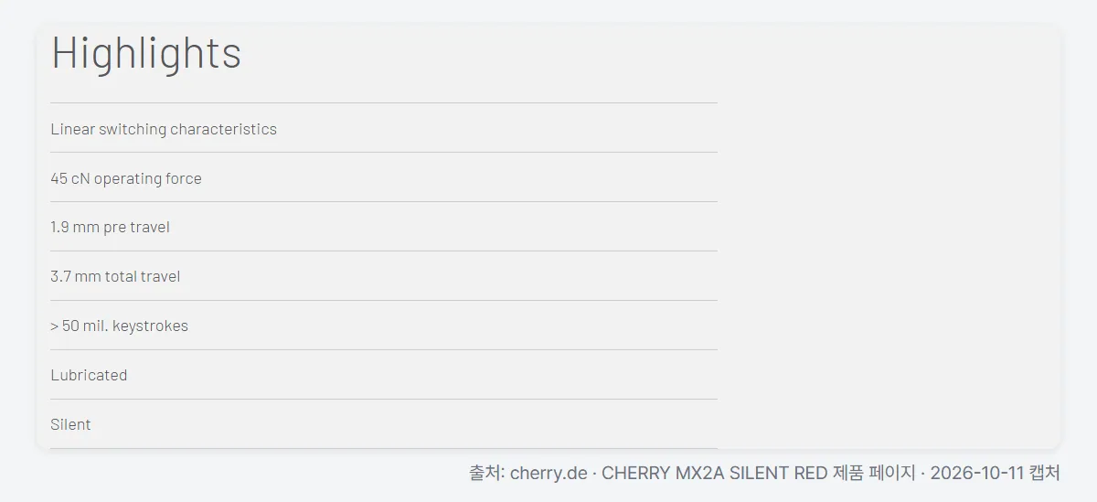 저소음 기계식 키보드 CHERRY MX2A SILENT RED 공식 사양 화면