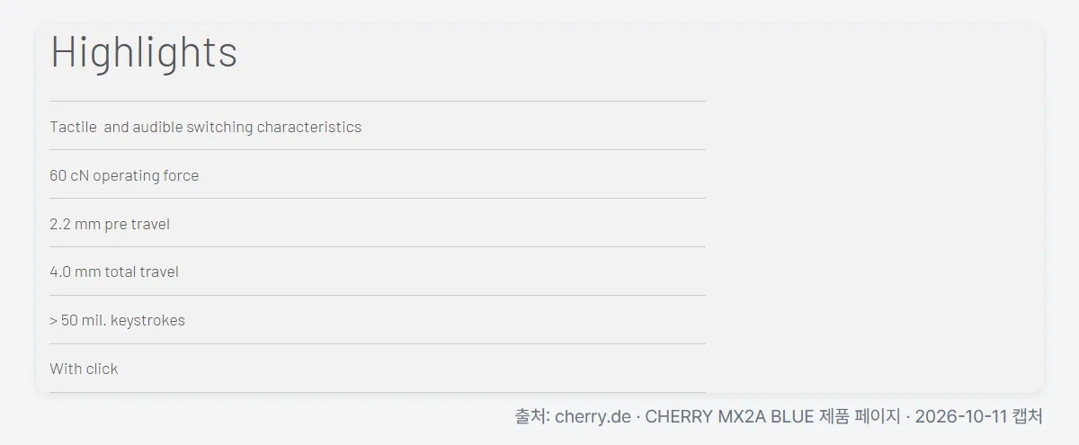 기계식 키보드 청축 CHERRY MX2A BLUE 공식 사양 클릭 소리
