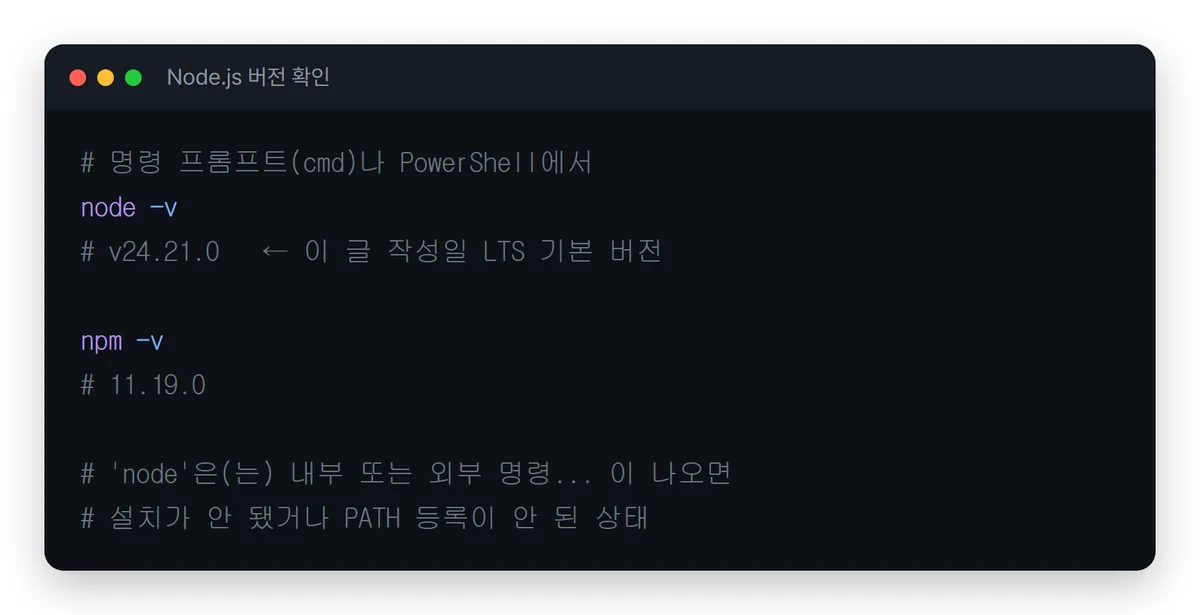 노드 버전 확인 명령어 node -v npm -v 실행 예시