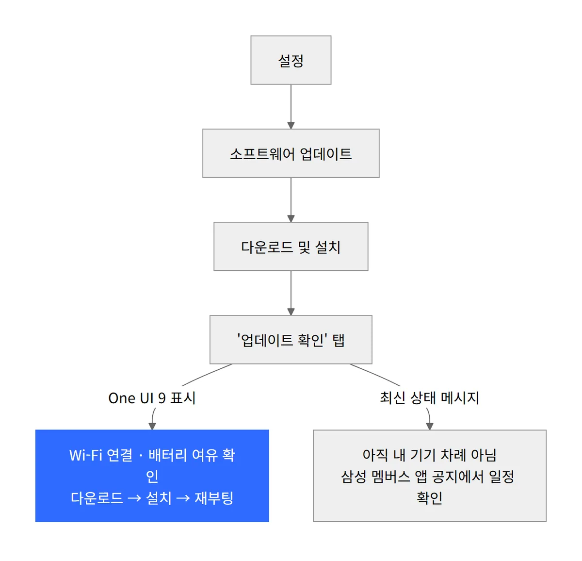 One UI 9 업데이트 경로 다이어그램, 설정에서 업데이트 확인까지 4단계