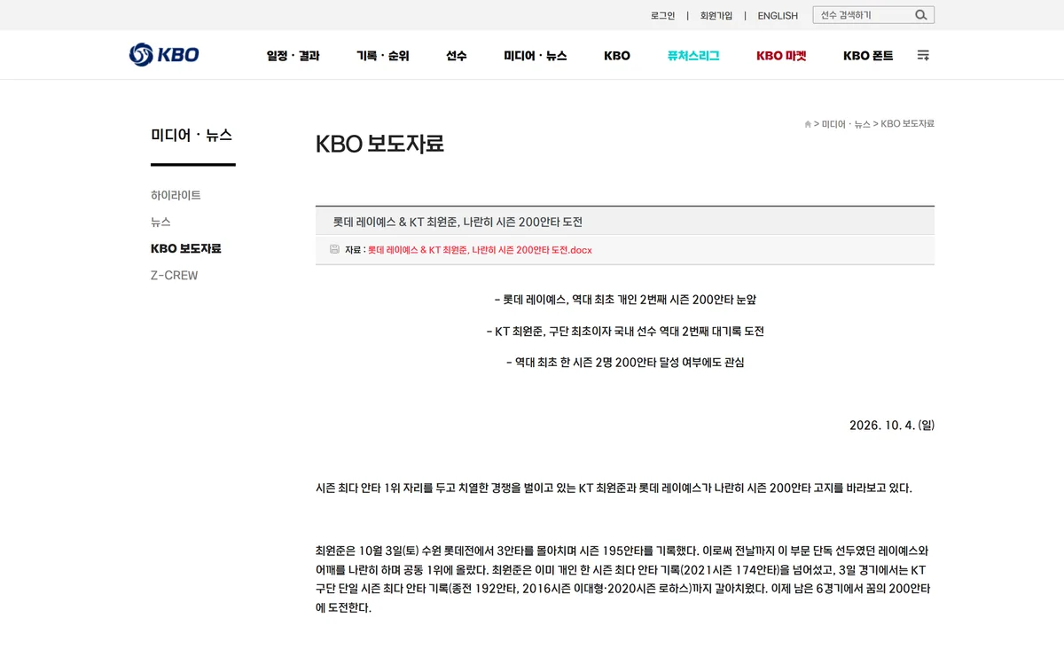 KBO 보도자료 레이예스 최원준 시즌 200안타 도전 화면