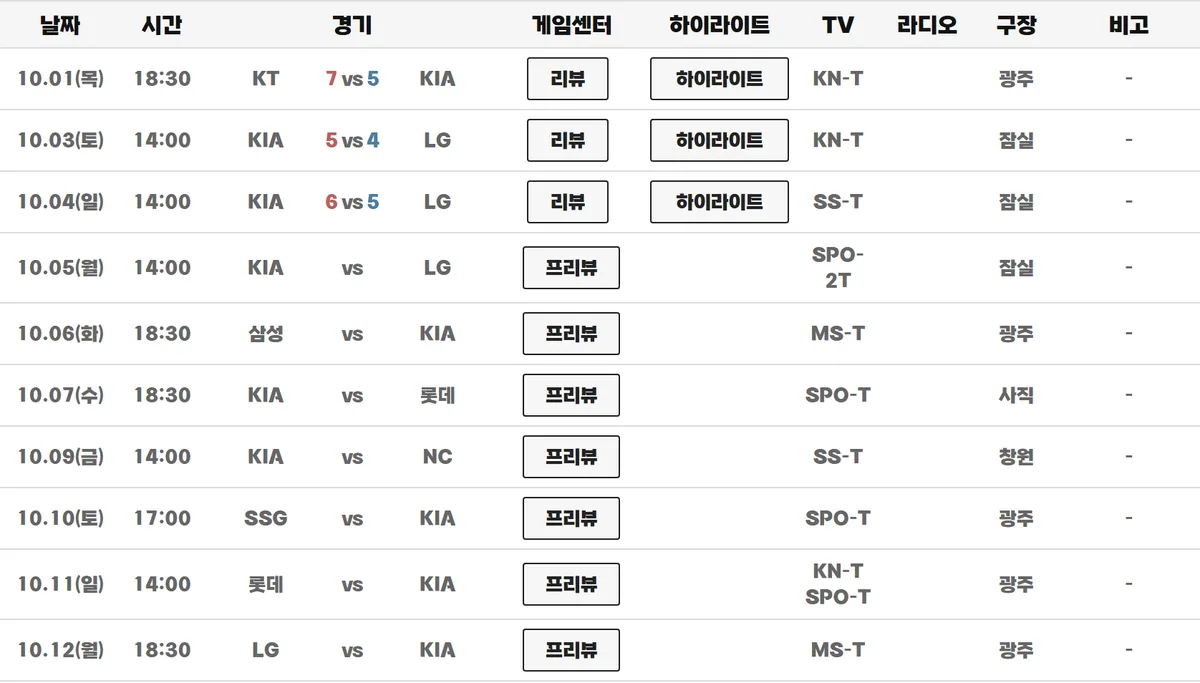 KBO 공식 경기일정 10월 KIA 필터 화면 기아타이거즈 남은 경기