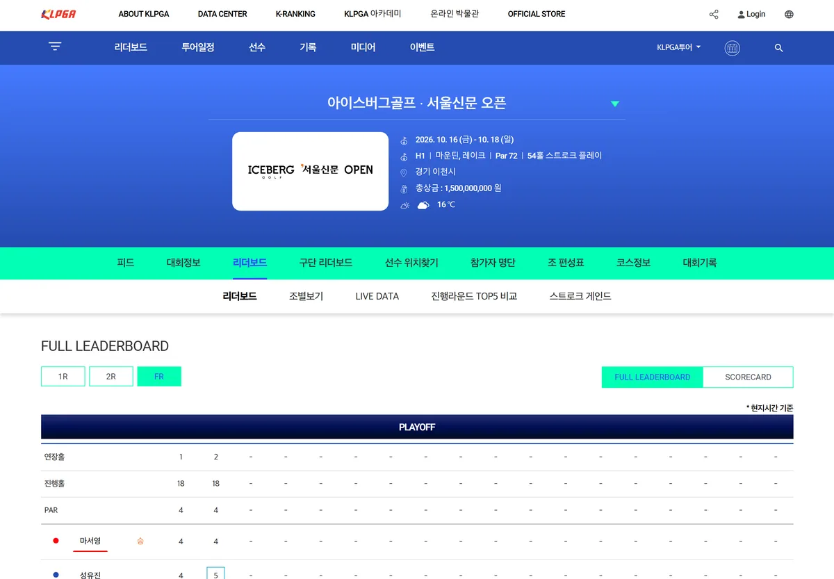 KLPGA 아이스버그골프 서울신문 오픈 리더보드 마서영 성유진 연장 화면