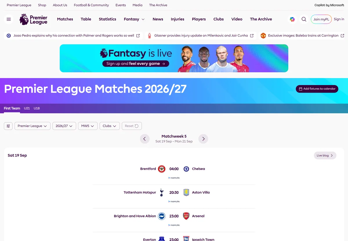 premierleague.com 5라운드 일정 페이지 한국 시간 표시, 쿠팡플레이 로고